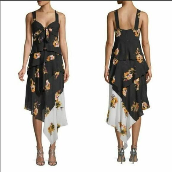 A.L.C. Dresses & Skirts - ALC Revolve Natalia Black Floral Print Ruffle Asymmetric Silk Midi Dress